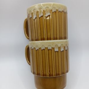 Vintage Japan Amber Stackable Ceramic Mugs Drip Glaze Set Of 2 Cups